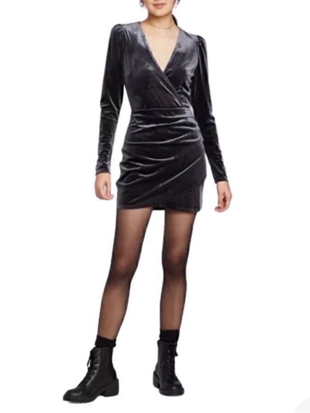 NWT dark gray velvet faux-wrap ruched zip back mini dress from Wild Fable -Small
